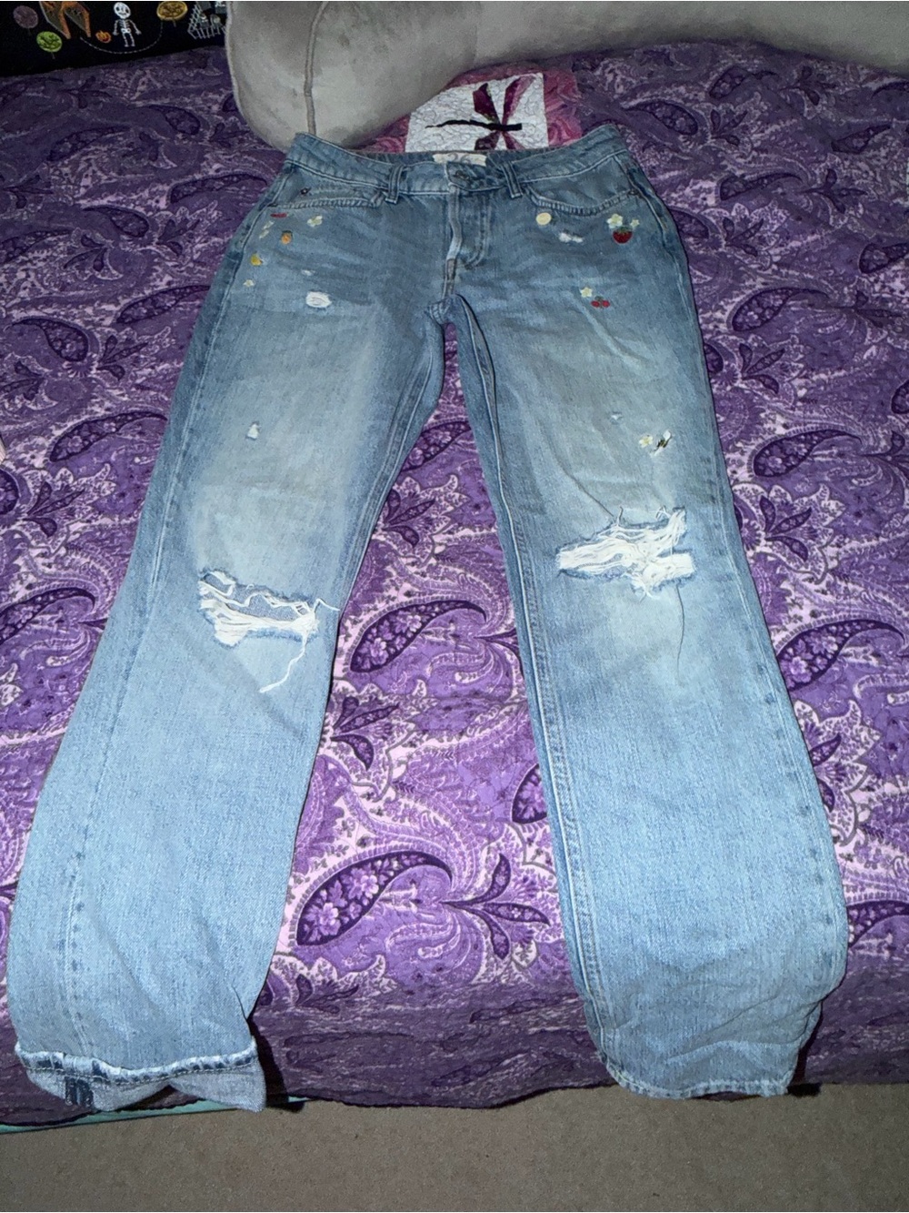 We The Free Fruit Embroidered Distressed Straight Leg Jeans
